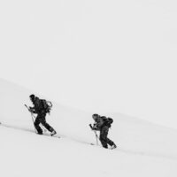 Tre skigåere passerer ei bjørk på vei opp til Togga i Sogndal. , fotokunst veggbilde / plakat av Kristian Aalerud