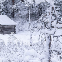 Et vinterlandskap med ei gammel høyløe, fotokunst veggbilde / plakat av Kjell Erik Moseid
