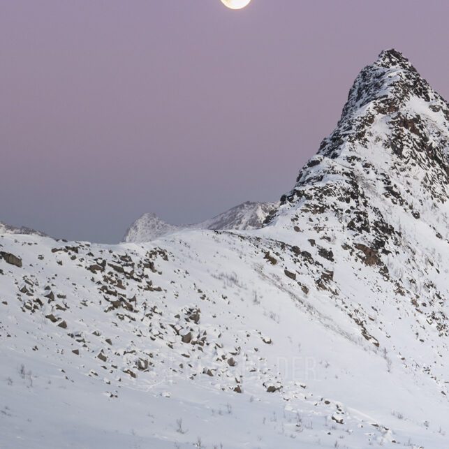 Snødekte fjell og måne, fotokunst veggbilde / plakat av Kristoffer Vangen