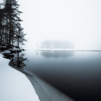 Vinterbilde av skogstjern og trær i tåke., fotokunst veggbilde / plakat av Klaus Axelsen